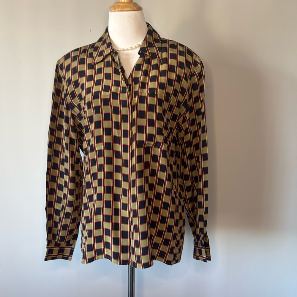 Dana Buchman 100% Silk Button Down Blouse Top Black Green sz 8